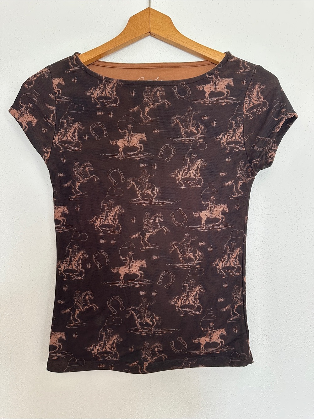 Sweet Lilac Western Cowgirl Mesh Top Horse Cowboy Print Short Sleeve Tee Small